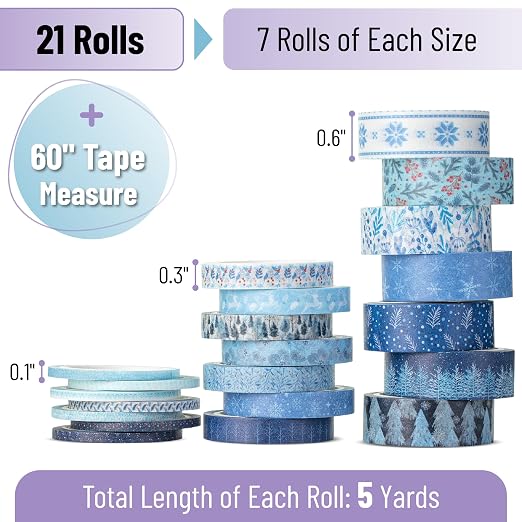 Mr. Pen- Washi Tape Set, 21 Rolls, Assorted Sizes, 5 Yards/Roll | Washi Tape for Scrapbook, Arts, Crafts, Journals and Planners, Ocean Breeze