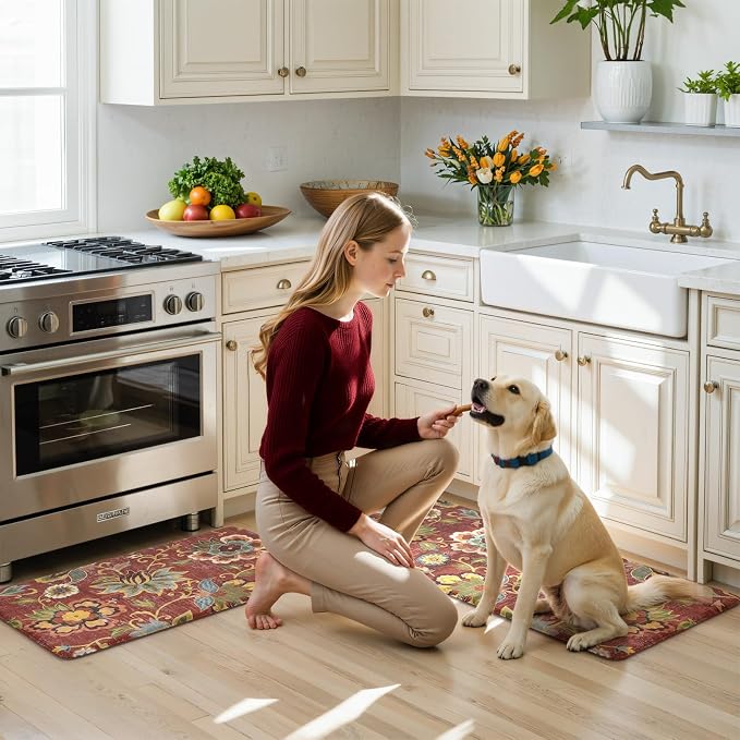 LEEVAN Anti Fatigue Kitchen Mats for Floor, Cushioned Kitchen Mat Set 2PCS | 17.3"x29"+17.3"x47", Boho Floral Coral Red Kitchen Rugs Non-Slip, Waterproof Ergonomic Standing Mat for Laundry, Office, Sink