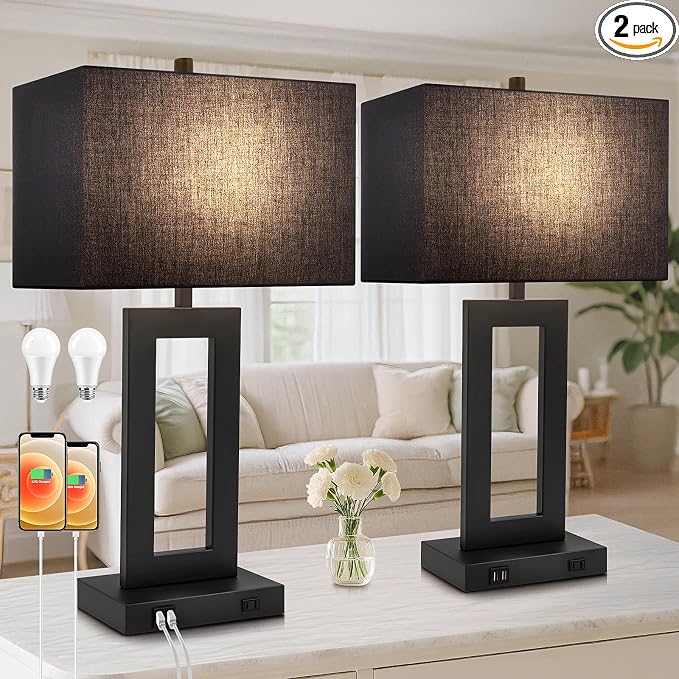 TOBUSA 28’’ Tall Black Lamps for Living Rooms Set of 2, Modern Touch Control Table Lamps for Bedroom, 3 Way Dimmable Bedside Lamps with 2 USB Ports&AC Outlet, High-end Decor Lamp for Home Office