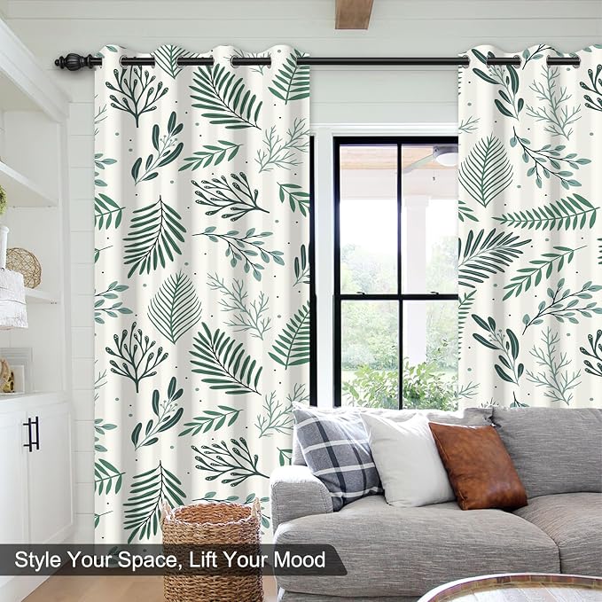 Blackout Curtains for Bedroom and Living Room, Green Leaves Grommet Thermal Insulated Bedroom Curtains Room Darkening Drapes 84 Inch Length 2 Panels Set, Reduce Outside Noise, Maintain Privacy