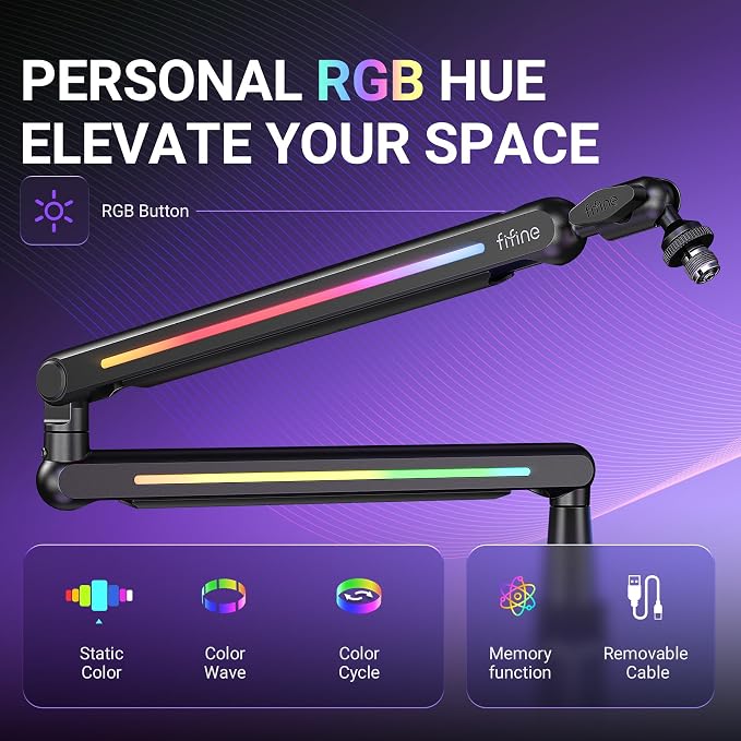 FIFINE Microphone Boom Arm with Controllable RGB, Adjustable Low Profile Mic Stand with Desk Mount Clamp,Cable Management, Screw Adapter for Gaming, Podcast, Streaming, Studio-BM88Pro