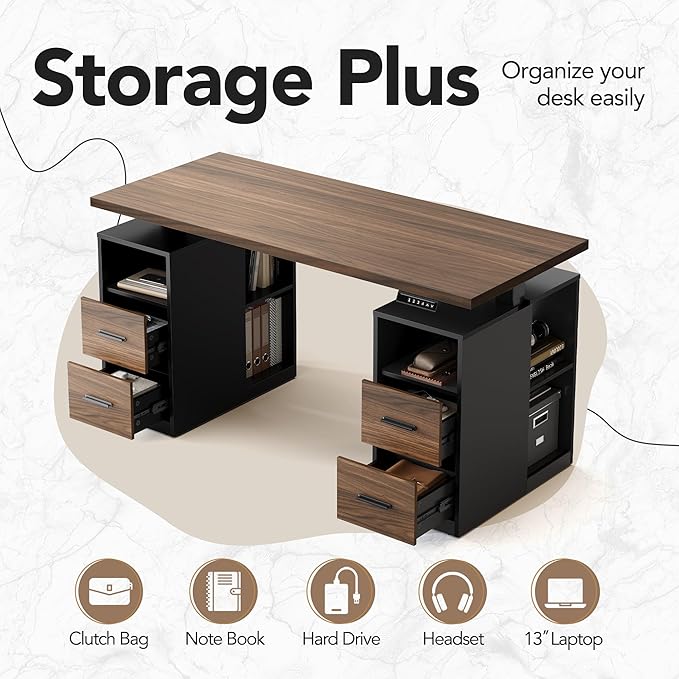 HUANUO 55" Standing Desk with Drawers, Executive Electric Height Adjustable Stand Up Desk with Storage, Black Walnut