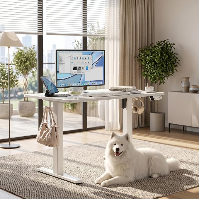 Claiks Electric Standing Desk, 40x24 Inch, White | Adjustable height for sit-stand, 156lbs capacity, scratch-resistant surface, 3 memory presets, cable management & hook.