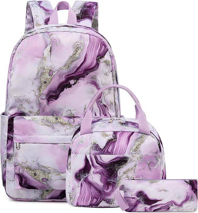 Bluboon Teen Girls School Backpack Kids Bookbag Set with Lunch Box Pencil Case Travel Laptop Backpack Casual Daypacks (Purple Marble)
