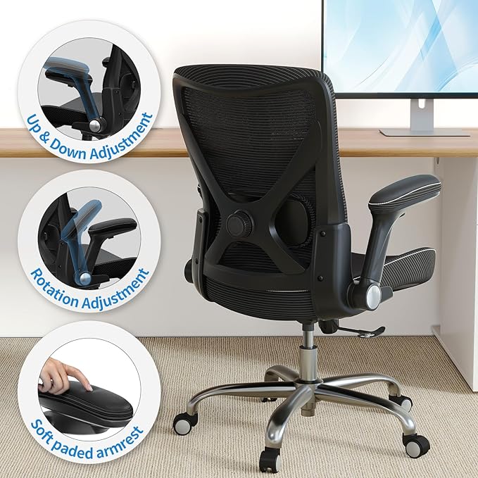 Ergalithic Office Home Ergonomic Desk Chair-Computer X-Shaped Chair Mesh PU Leather with Adjustable Lumbar Support-Executive Chair High Back Flip-Up Arms for Long Hours (Black-No Headrest)