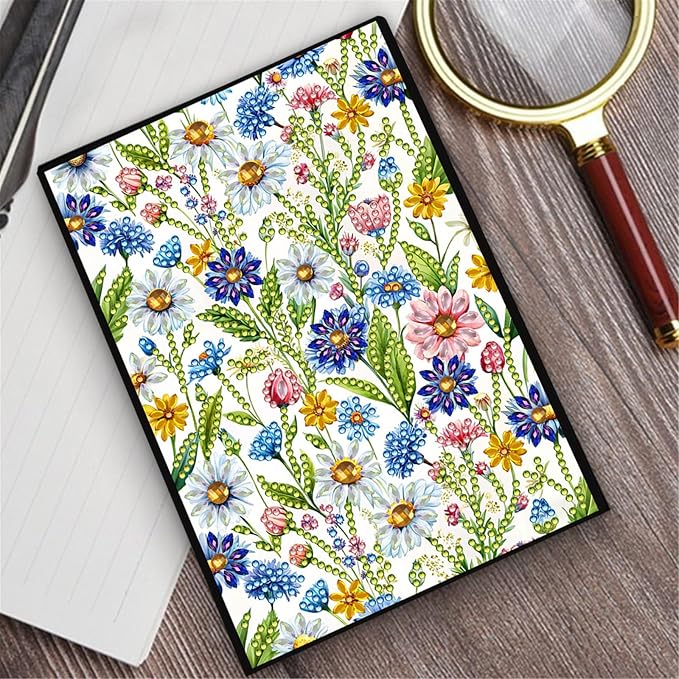 FRANDEK Diamond Art Painting Notebook Kit, Flower Bush A5 DIY Journal with 50 Blank Pages, Crystal Rhinestone Cover with Waterproof Canvas, Beginner Craft Set with Full Tools for Adults