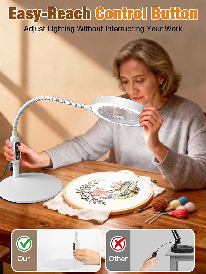 Magnifying Glass with Light and Stand, 5 Color Modes Stepless Dimmable, Optical Grade HD Lens, LED Lighted Magnifier Hands Free with 16in Flexible Gooseneck for Close Work - White