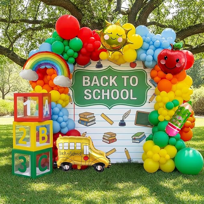 Preschool graduation party decorations Kit with cartoon Theme primary color Balloon and ABC123 Box rainbow sun apple balloon for kid Sesame Friends birthday Kindergarten pre k back to school supplies