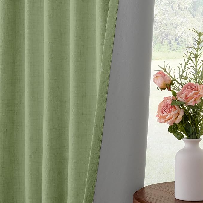 INOVADAY 100% Blackout Curtains for Bedroom, Sage Green Black Out Curtains 102 Inch Long, Clip Rings Linen Blackout Drapes, Thermal Insulated Room Darkening for Living Room, 2 Panels - W50xL102