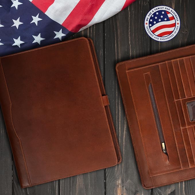ELIZO Leather Portfolio Padfolio Leather Binder Folder for Men and Women Professional Business Portfolio Organizer Men and Women Antique Letter Strap