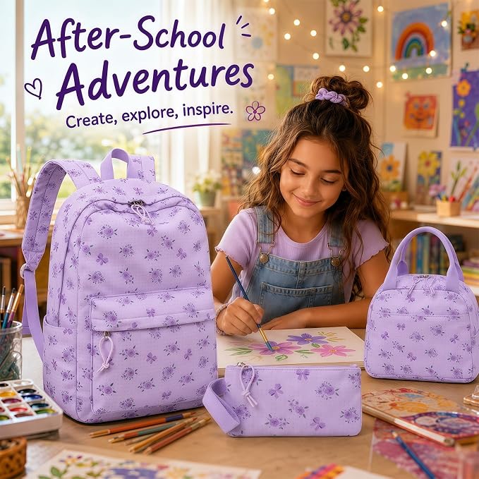 LEDAOU Kids Backpack for Girls Backpacks with Lunch Box, Lightweight Bookbag Set Elementary Middle School Back pack for 8-14