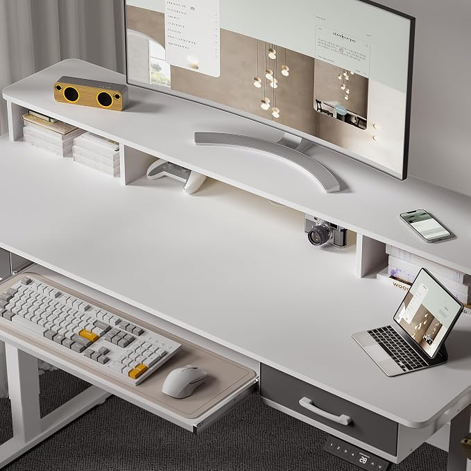 WALKINGDESK 63 Inches Electric Standing Desk with Keyboard Tray, Height Adjustable Sit to Stand Table with 2 Drawers, Ergonomic Home Office Desk with Storage Shelf, Computer Table, White
