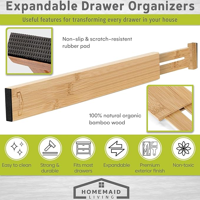 Bamboo Drawer Organizer Adjustable and Expandable - Ideal Drawer Dividers for Kitchen, Dresser, Bedroom and Bathroom - Expandable Drawer Organizer Set of 4 - Water-Resistant Finish