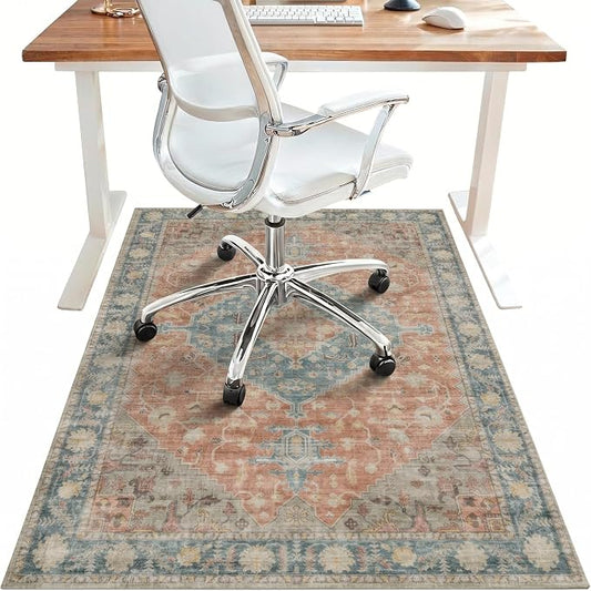 48"x60" Office Chair Mat for Hardwood Tile Floor, Under Desk Carpet Protector for Rolling Computer Chair Mat, Machine Washable Area Rug, Anti-Slip 1/5" Thick Low Pile Thin Vinyl Floor Mat, Terracotta