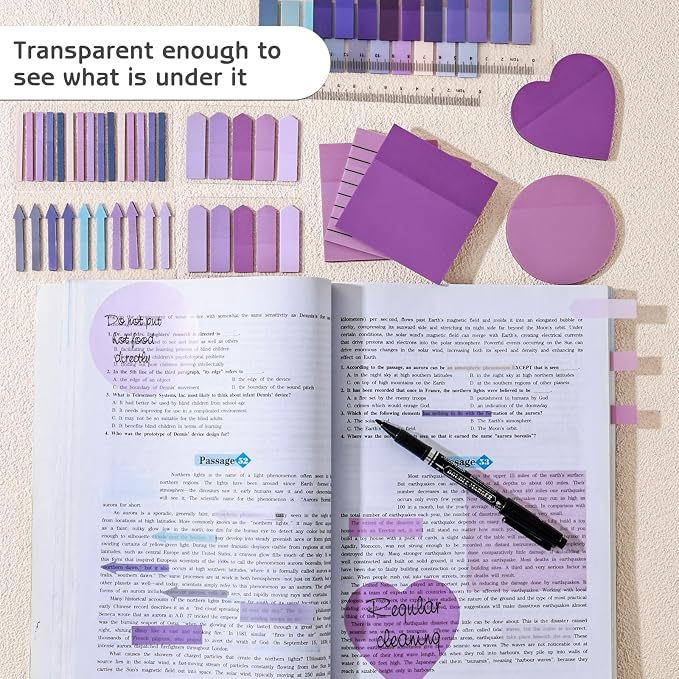 1450 Sheets Transparent Sticky Notes, 3 x 3 inch Aesthetic Clear Lined Sticky Notes with Pen, Gradient Color Waterproof Self-Adhesive Annotation Tabs for Bible Journaling (Purple)