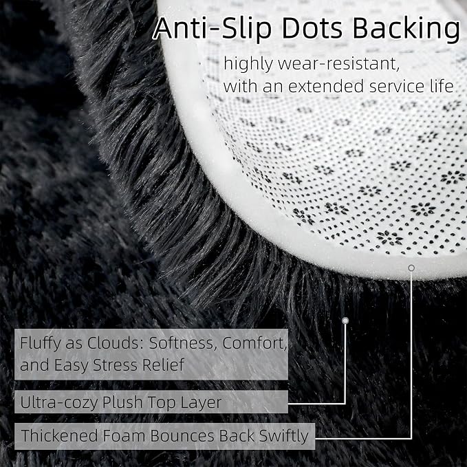 Shag Black Rug, 2x3 Area Rugs for Bedroom Bedside, Ultra-Soft Fluffy Fuzzy Plush Shaggy Furry Rugs for Kids Room, Boys Girls Room, Dorm, Easy Clean Modern Small Carpet
