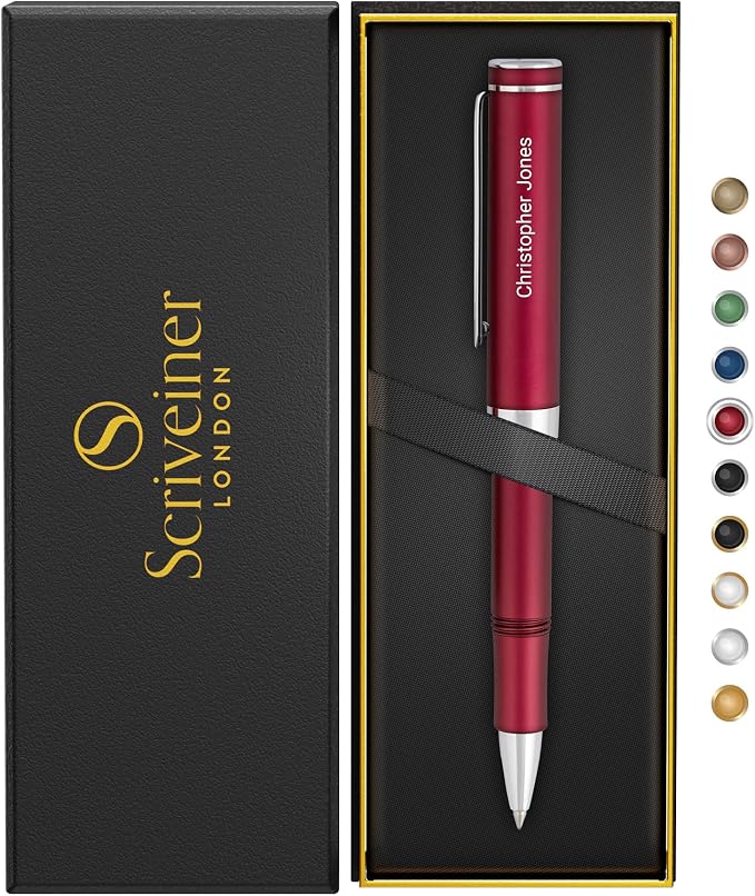 Scriveiner Personalized Red Rollerball EDC Pen, Stunning Pocket Pen with Chrome Finish, Cool Writing Pen, Best Pen Gift, Best Engraved Roller Ball Gift Set for Men & Women, Custom Name Engraving