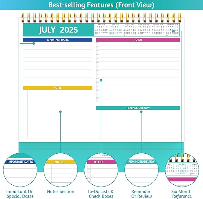 Desk Calendar 2025-2026 - Standing Flip Desktop Calendar 2025-2026, 18 Months Jul 2025 - Dec 2026, 10" x 8", Large with Notes, To-Do, Yearly Overview, Thick Paper, Great for Easy Planning - Multicolor