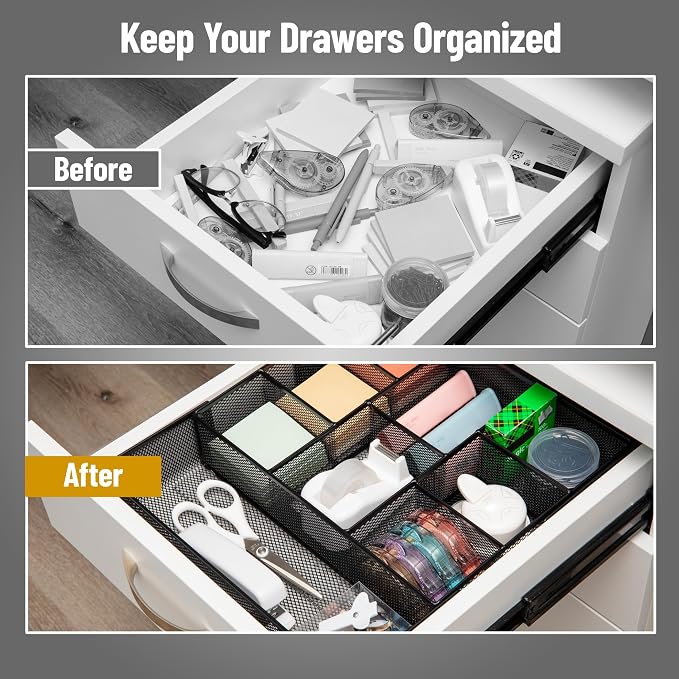 Mind Reader Expandable Mesh Desk Drawer Organizer, Adjustable from 9.25" to 17.125", Office Supply Storage Tray, Makeup Organizer, Black