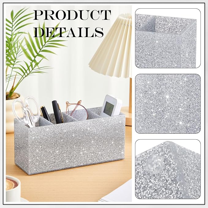 Jetec Acrylic Glitter Pen Holder 4 Compartments Bling Makeup Brush Stationery Organizer Pencil Holder for Desk Accessories Sparkly Gifts for Women Birthday Valentines Desktop Workplace Office(Sliver)