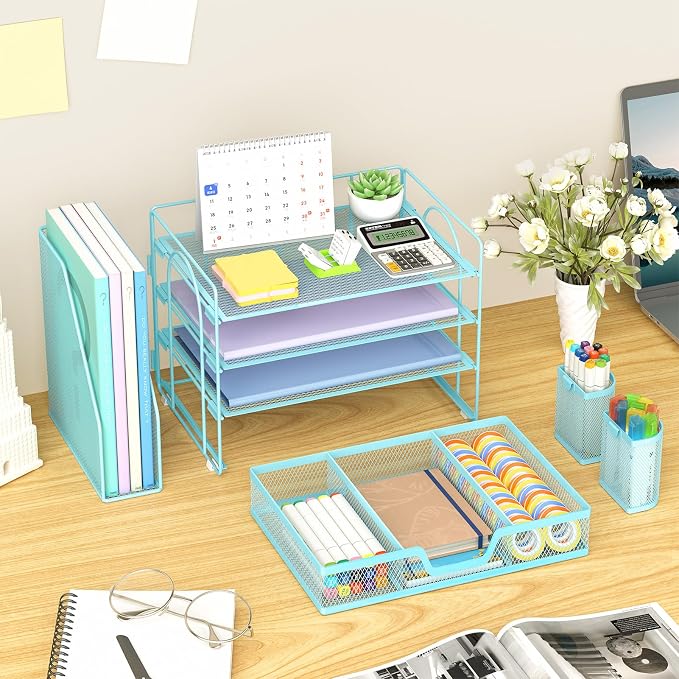 Marbrasse 4-Tier Paper Tray Organizer with Drawer and Pen Holder, Blue | Metal Mesh Desk Organizer, Built-in Drawer & 2 Pen Slots, fits letters/Files, for School Home Office Supplies