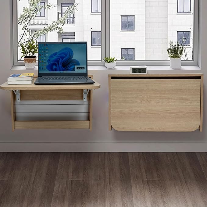 Folding Wall Table, Fold Down Table Wall Mounted, Floating Desk for Wall, Functional Hanging Desk for Home Office Workstation, Laundry Room, Kitchen Dining (24.8 * 16.3inch, Wood Color)