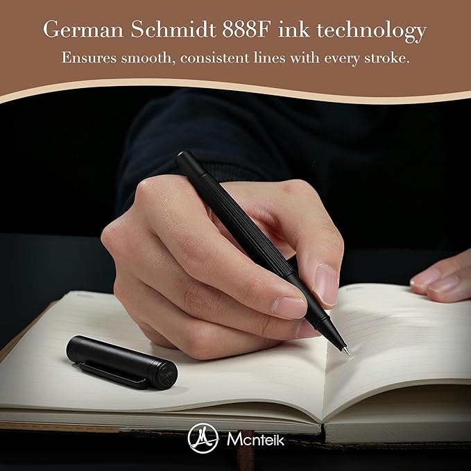 Matte Black Rollerball Pen, Distinctive Vertical Grooving Design, Luxury Pen with Schmidt Black Refill, Prefect Pen Gift Set for Men & Women, Business Signature, Refillable, Office, Nice Pens