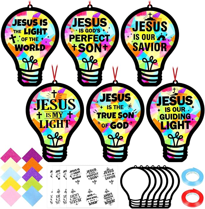 48PCS Sunday School VBS Crafts Bulk: Paper Lightbulb Cross Nativity Suncatchers, Religious Christian Activity DIY Kits Church Decorations, Window Stained Glass Effect Art Supplies(Jesus Style)