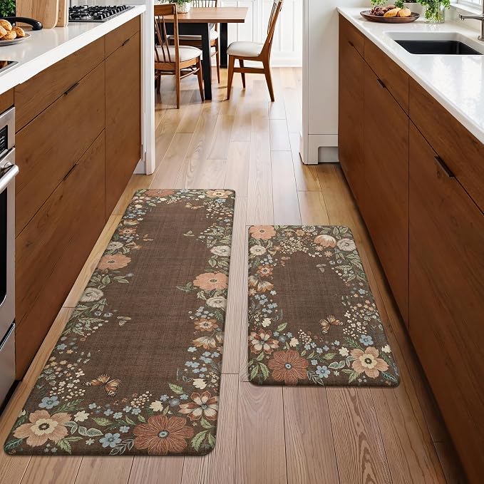 GENIMO Anti Fatigue Kitchen Mats for Floor 2PCS, Cushioned Standing Mats | 17.3"x59"&17.3"x30", Light Brown vintage floral rug set, waterproof, non slip, easy-clean for farmhouse