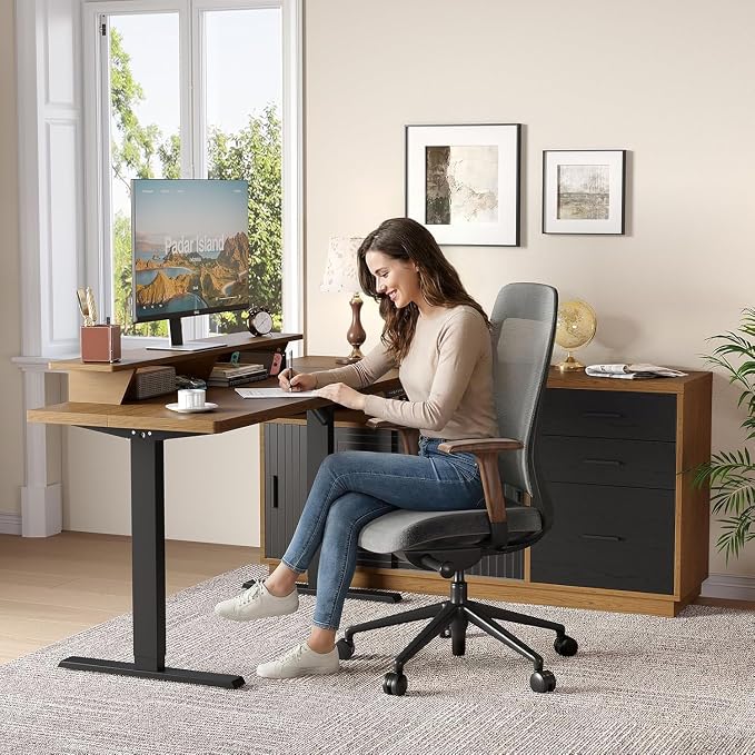 ONBRILL 55" Electric Standing Desk with 55" File Cabinet, Adjustable Height Home Office Furniture Set with Monitor Stand and 3 Drawers, Executive Workstationfor Home Office, Oak Brown