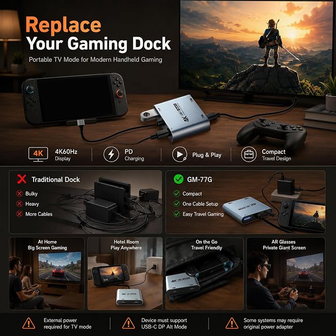 Guermok 4-in-1 Dual USB-C Display Hub, 4K@60Hz Video Output, PD 100W Input & USB 3.0 5Gbps, Compatible with AR Glasses, Switch 2, Laptops, Portable Monitors & Type-C Displays（Silver）