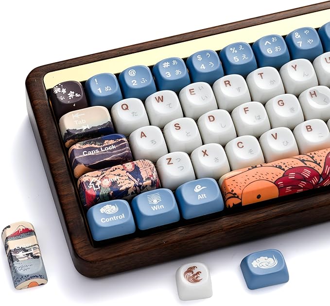 OHY XVX MOA Profile Keycaps Set, Japanese Mount FujiTheme 132 - Key White & Blue Custom Keycaps with PBT + Frosted Translucent PC Material for ANSI Layout Mechanical Keyboards- - Musashi Senju
