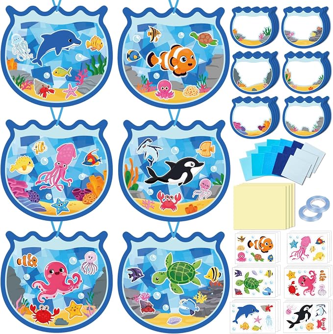 42PCS Summer Activities Crafts Bulk: Sea Animal Ocean Scene Paper Suncatchers, Under the Sea Party Fish Stickers DIY Kit School Classroom Decorations, Window Stained Glass Effect Art Supplies
