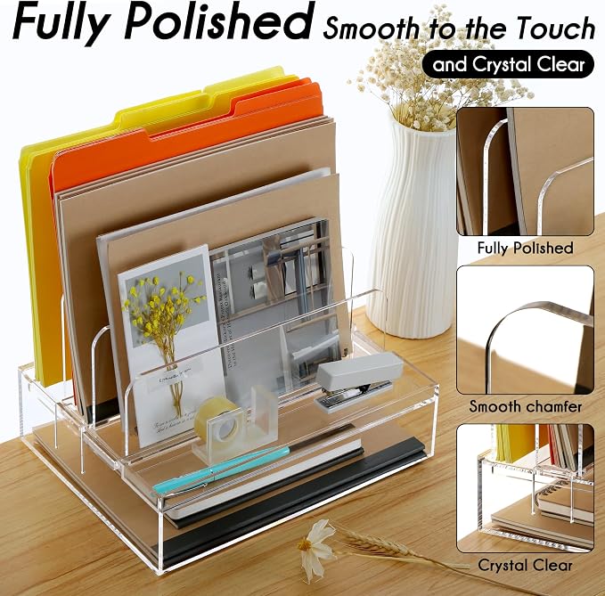 DINGHUO Acrylic Desk Organizers and Accessories, Paper Letter Tray Organizer with 3 Vertical File Holder, Clear File Organizer for Desk Home Office Supplies -1 Pack