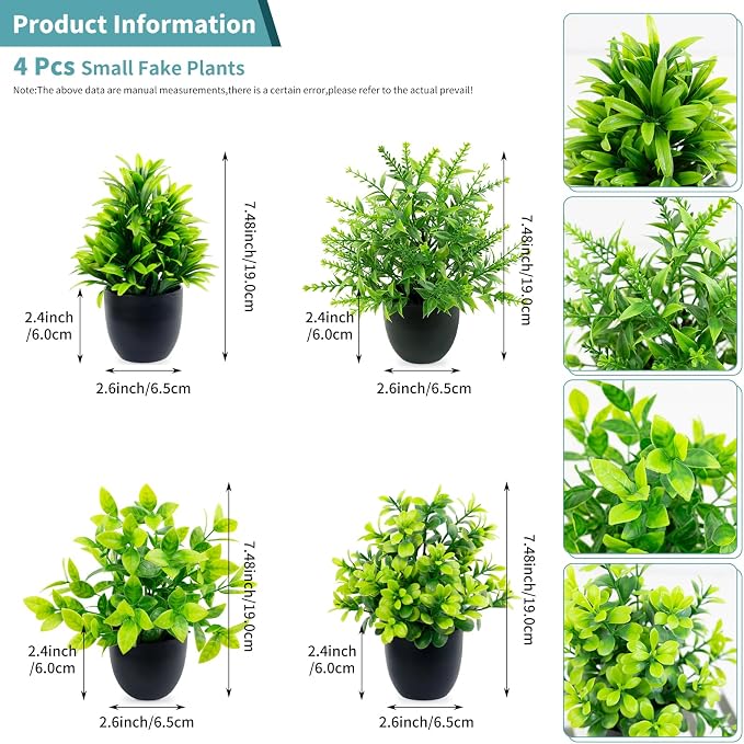 4 Pack Fake Plants Mini Artificial Potted Plants for Home Office Desk Decor, Small Faux Greenery with Black Pots, Assorted Fake Grass & Leaf Plants for Indoor Shelf Bathroom Kitchen Decoration