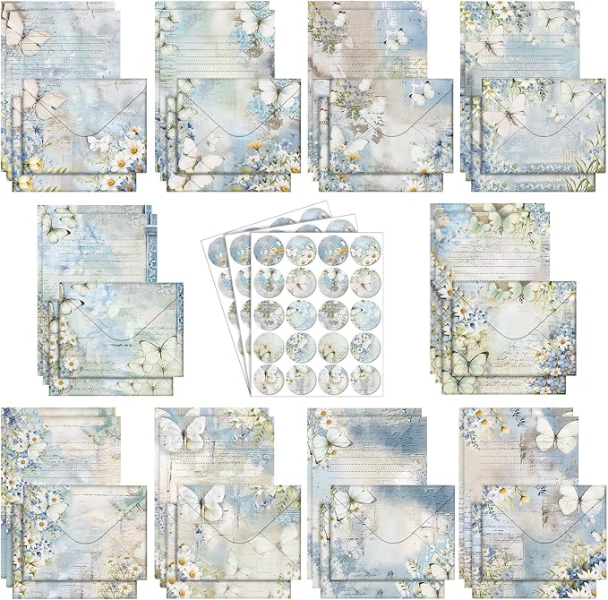 TaoBary 160 Pcs Stationery Paper Set 50 Double Sided Stationery Papers with 50 Matching Envelopes and 60 Round Dot Sticker, 10 Design (Serenity Junk,8.25 x 5.5 Inch)