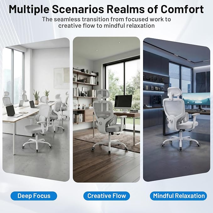 Ergonomic Office Desk Chair, High Back Breathable Mesh Computer Chair, 3D Lumbar Support, 2D Headrest & 3D Armrests, 300lbs Heavy Duty Task Chair for Home Office Work Gaming, Gray