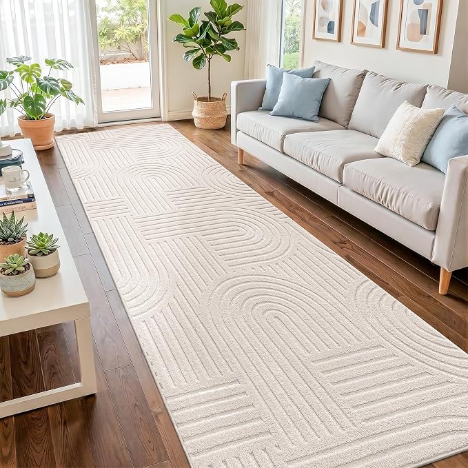 SHACOS Soft Cozy Fluffy Arch High Low Pile Runner Rugs 3x8 ft Non Slip Washable Scandinavian Minimalist Area Rug Runner Modern Carpet for Living Room Bedroom Bathroom Hallway Kitchen, Beige