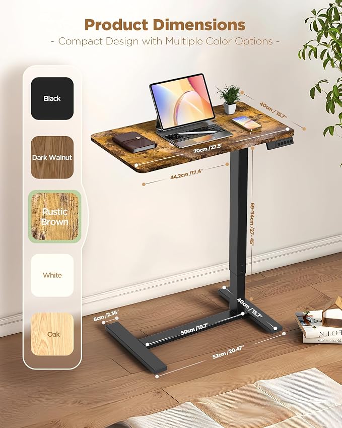 28"x16" Electric Overbed Table, Laptop Desk for Bed, Rustic Brown | Height Adjustable Bedside Desk with Hidden Wheels, Mobile Standing Desk for Sofa, Home Office & Hospital Use