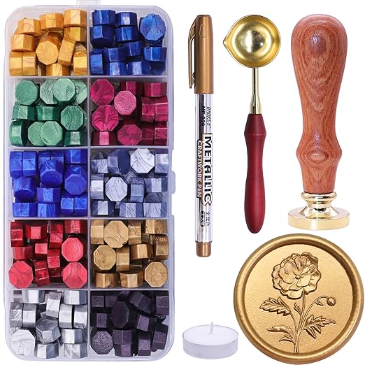 SWANGSA Wax Seal Kit, 3D Flower Stamp with 200pcs Sealing Wax Beads, Great for Embellishment of Wedding Invitations, Wine Packages, Gift Wraps