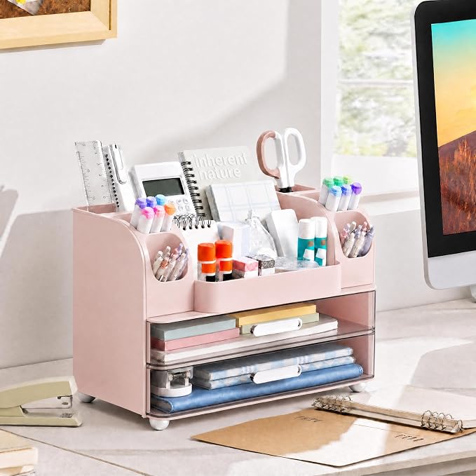 HBlife Desk Organizer with Pencil Pen Organizer for Desk, Pen Holder with 2 Drawers, Desk Organizers and Accessories with Compartments, Desktop Storage for Office Home School Art Supplies, Pink