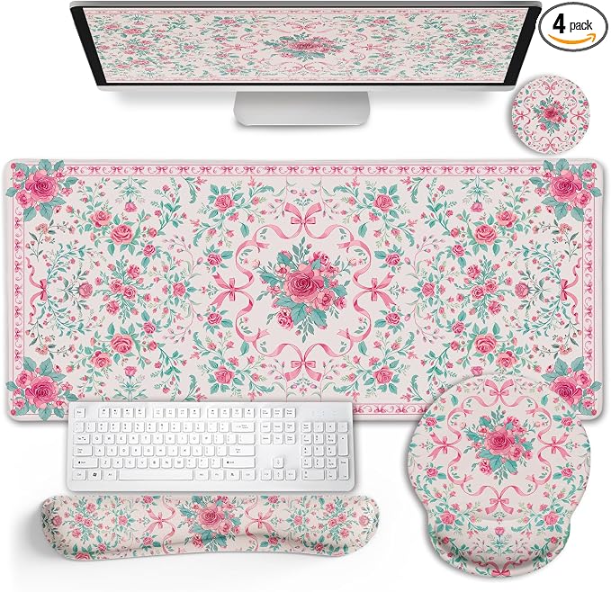 LIMKRIAN Pink Bow Floral Mouse Pad Set, XXL Large Desk Mat with Stitched Edges, Ergonomic Mouse Pad with Gel Wrist Rest & Keyboard Rest, Cup Coaster, Cute Gaming Office Desk Decor for Women Girls