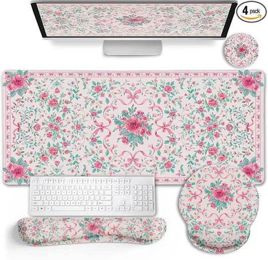 LIMKRIAN Pink Bow Floral Mouse Pad Set, XXL Large Desk Mat with Stitched Edges, Ergonomic Mouse Pad with Gel Wrist Rest & Keyboard Rest, Cup Coaster, Cute Gaming Office Desk Decor for Women Girls