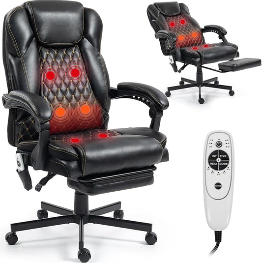 Heated Massage Executive Office Desk Chair with Footrest - Black | 6 Points Vibration Massage System, 5 Massage Modes, 3 Target Areas (Back,Lumbar,Seat), Reclining 90°-135°