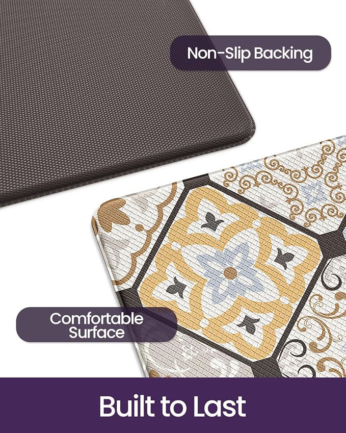 DEXI Anti Fatigue Kitchen Mats for Floor, 23x86, Cushioned Standing Padded Mat Waterproof, Comfort Runner Rug for Laundry Room Office, Brown Checkered