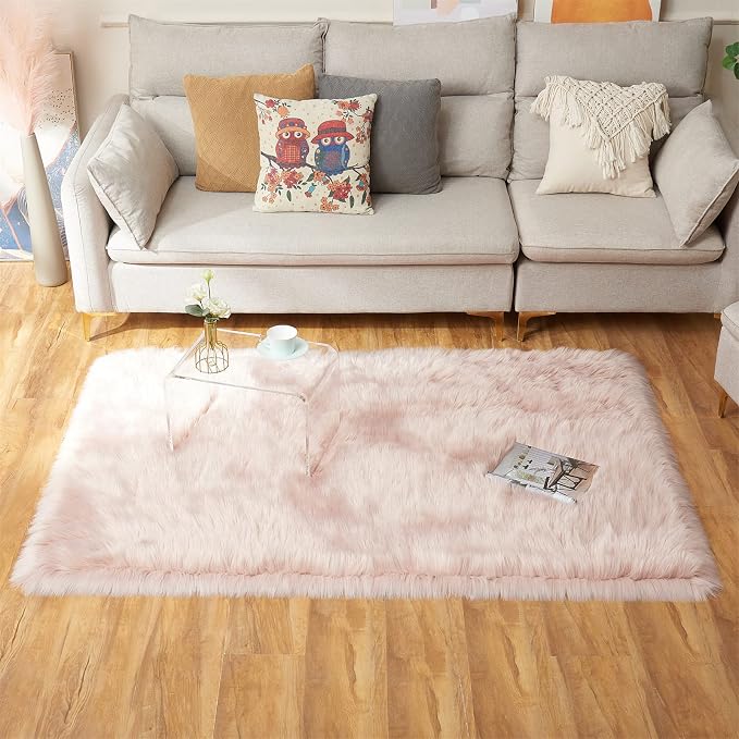 EasyJoy Ultra Soft Fluffy Shaggy Area Rug Faux Fur Rug Chair Cover Seat Pad Fuzzy Area Rug for Bedroom Floor Sofa Living Room (4 x 6 ft Rectangle, Pink)