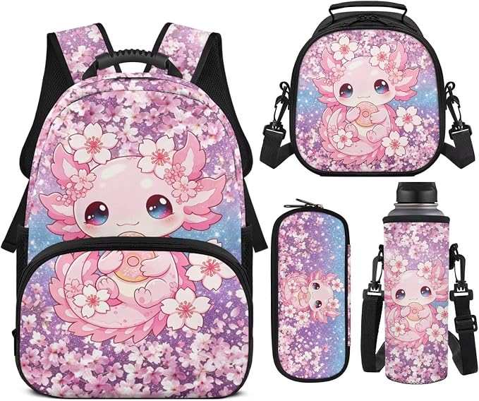 Cherry Blossoms Axolotl Girls School Backpack Set 4 PCS, 17 Inch Cute Cartoon Bookbag with Insulated Lunch Bag for Kids Ages 6-8 Elementary Back to School Supplies