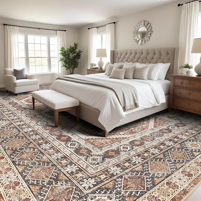 Large Rugs for Living Room: 10x14 Area Rugs Farmhouse Indoor Machine Washable Rug Non-Slip with Rubber Backed Oriental Carpets 10x14 Brick