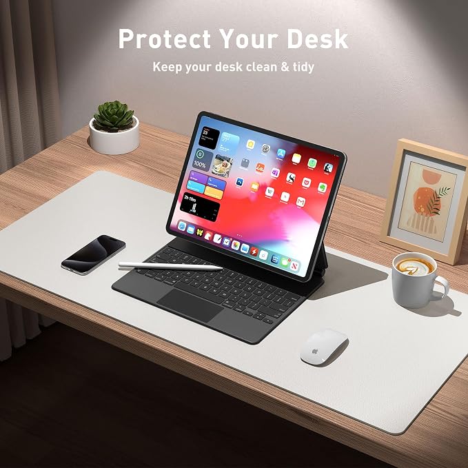 Aothia Leather Desk Pad Protector, Mouse Pad,Office Desk Mat, Non-Slip PU Leather Desk Blotter, Laptop Desk Pad, Waterproof Desk Writing Pad for Office and Home (48"x17", Off-White)