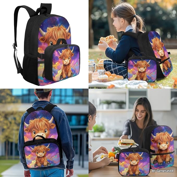 Doojoayie Highland Cow Backpack for Girls with Lunch Box Trendy Kids School Bag for Summer Elementary School Backpack for Boys 8-12 Lightweight Bookbag with Insulated Lunch Box
